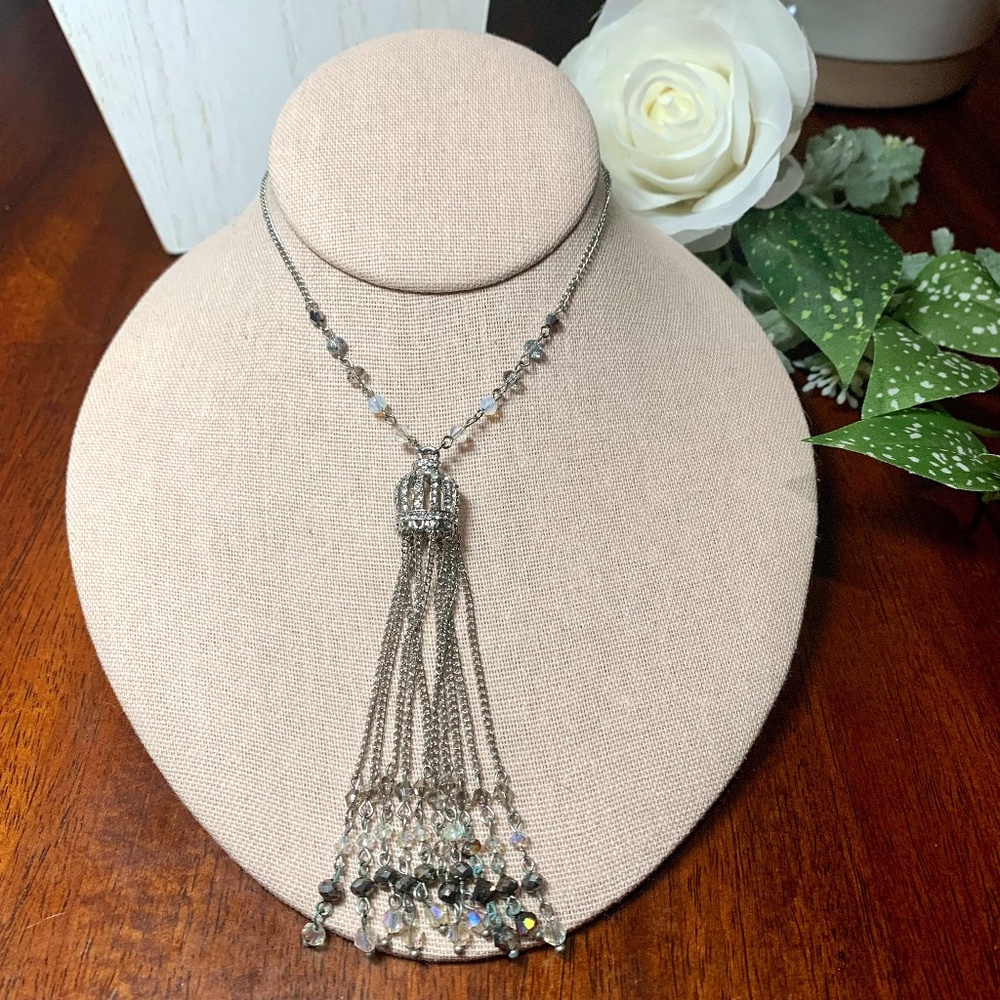 Vintage Iridescent Beaded Silver Crown Tassel Necklace.  18”-21”